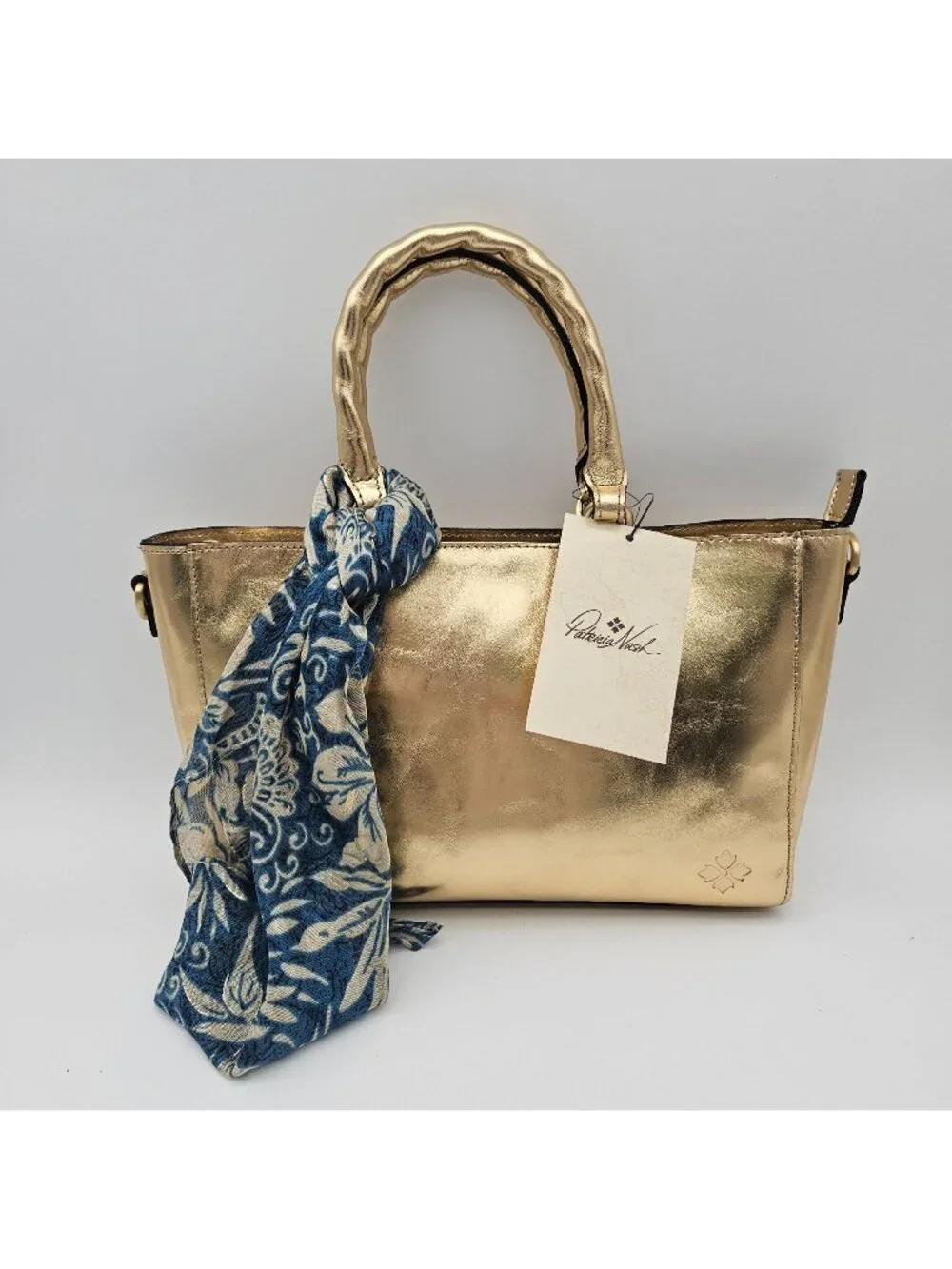 Patricia Nash Tote Shoulder Metallic Leather Handbag Aileen Greek Gold Scarf NWT